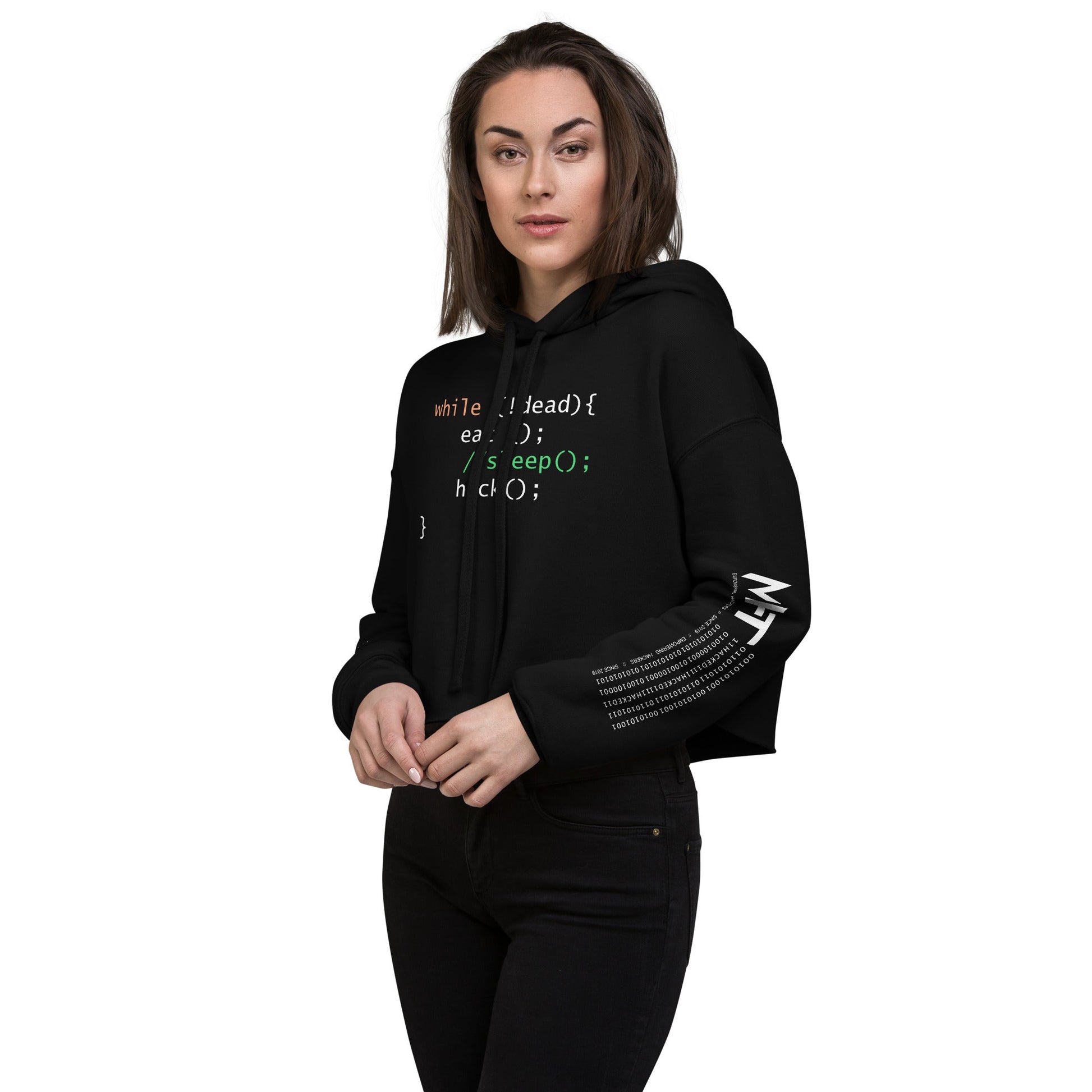 while (!dead){ eat();//sleep();hack();} - Crop Hoodie by DarkByteGear