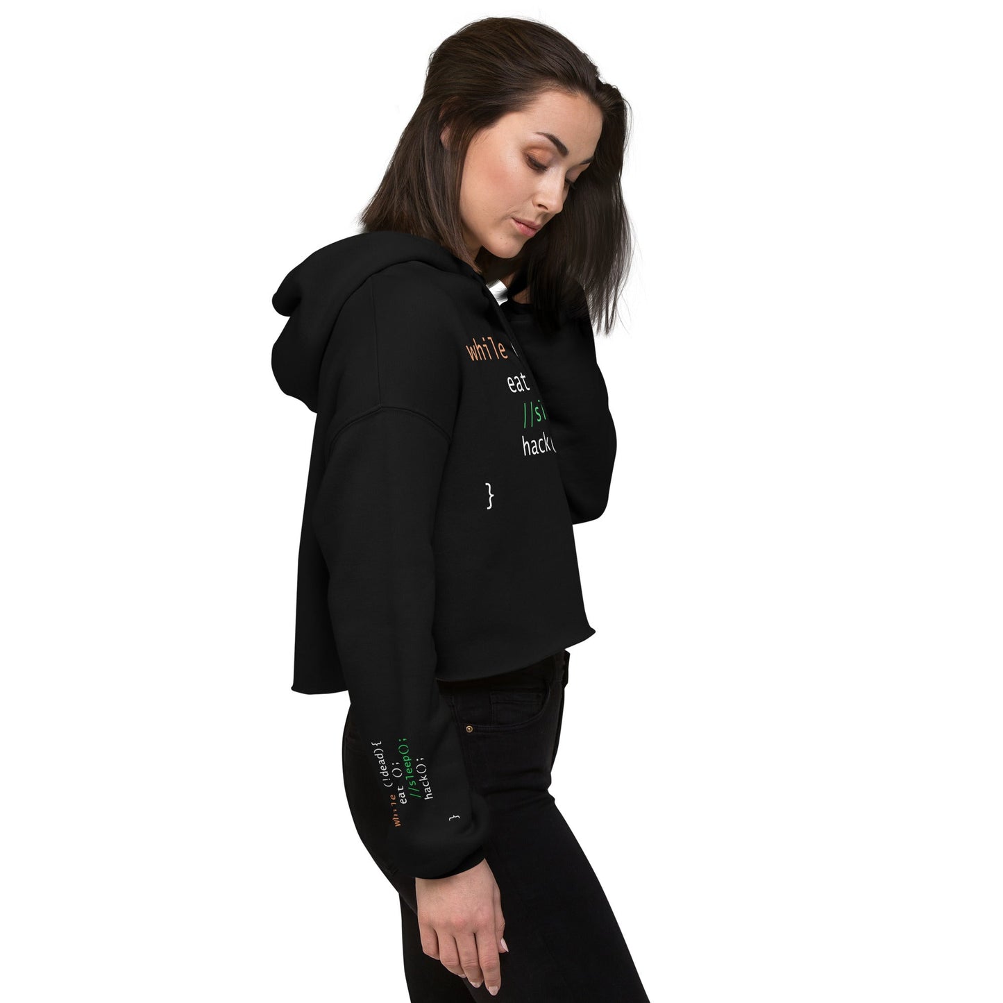 while (!dead){ eat();//sleep();hack();} - Crop Hoodie by DarkByteGear