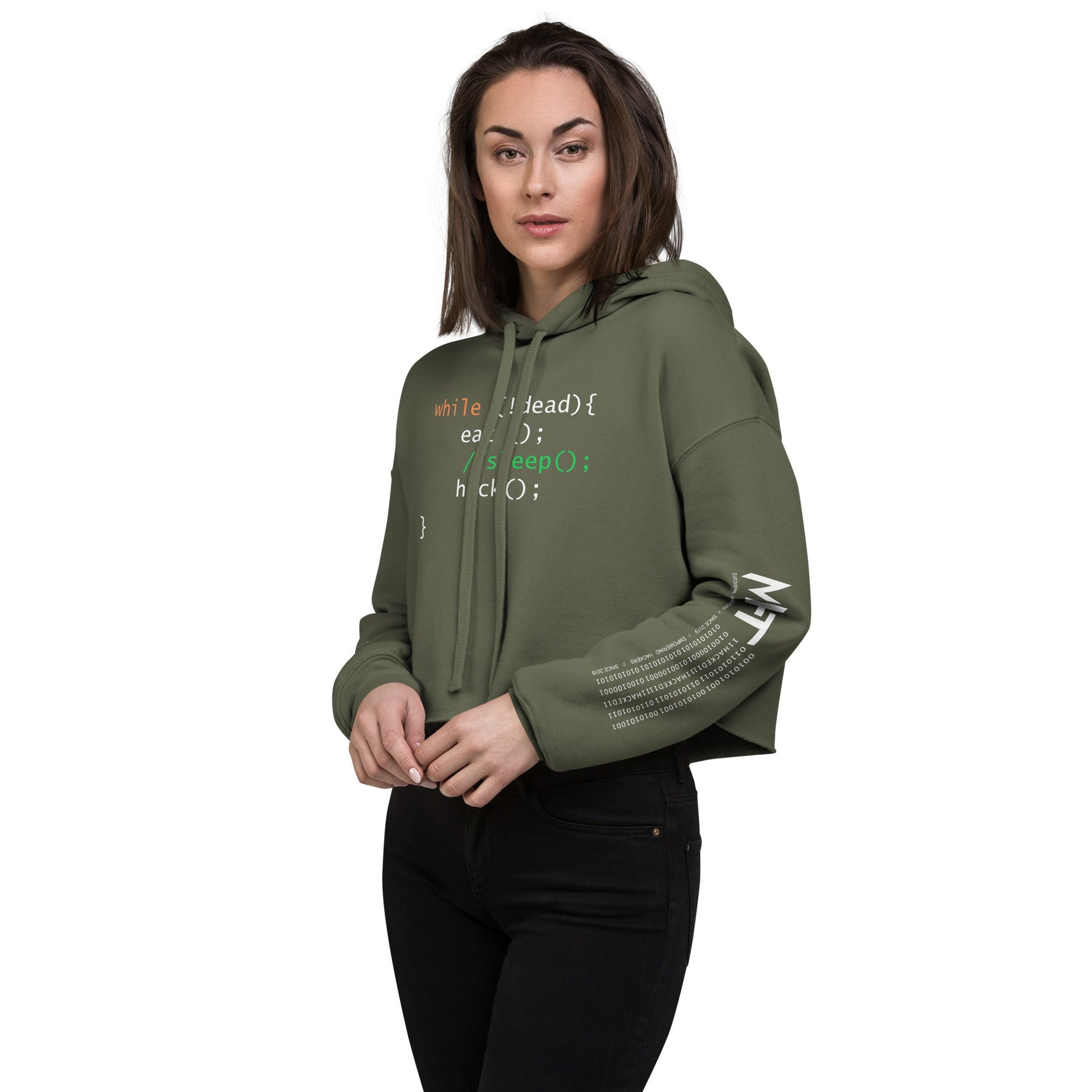 while (!dead){ eat();//sleep();hack();} - Crop Hoodie by DarkByteGear