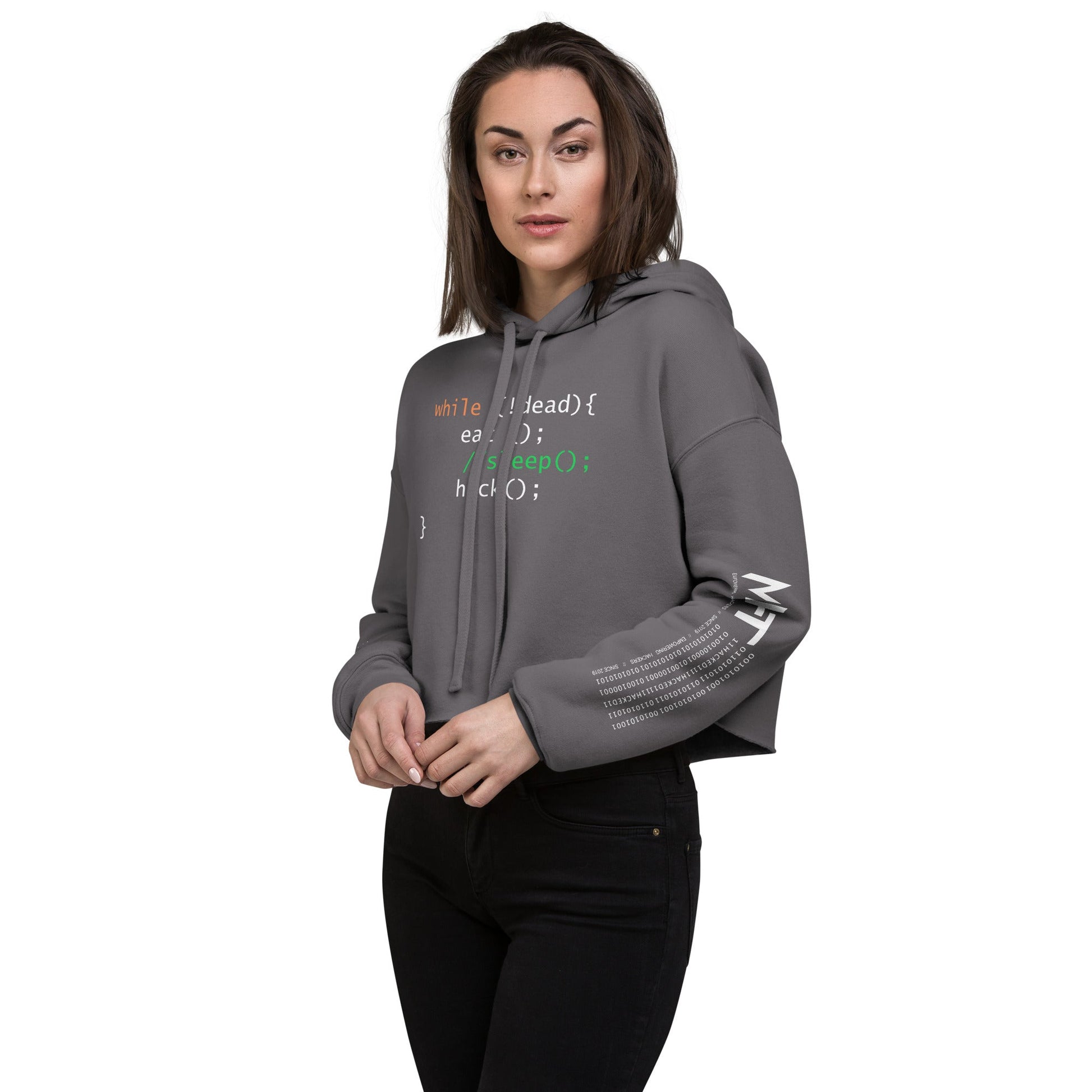 while (!dead){ eat();//sleep();hack();} - Crop Hoodie by DarkByteGear